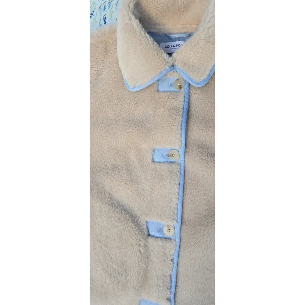 OSOS DESIGN COLLUSION Faux Shearling Jacket Contrast Suedette CollarBeigeWomen's